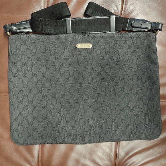 Gucci Denim Monogram Flat Messenger Bag Black